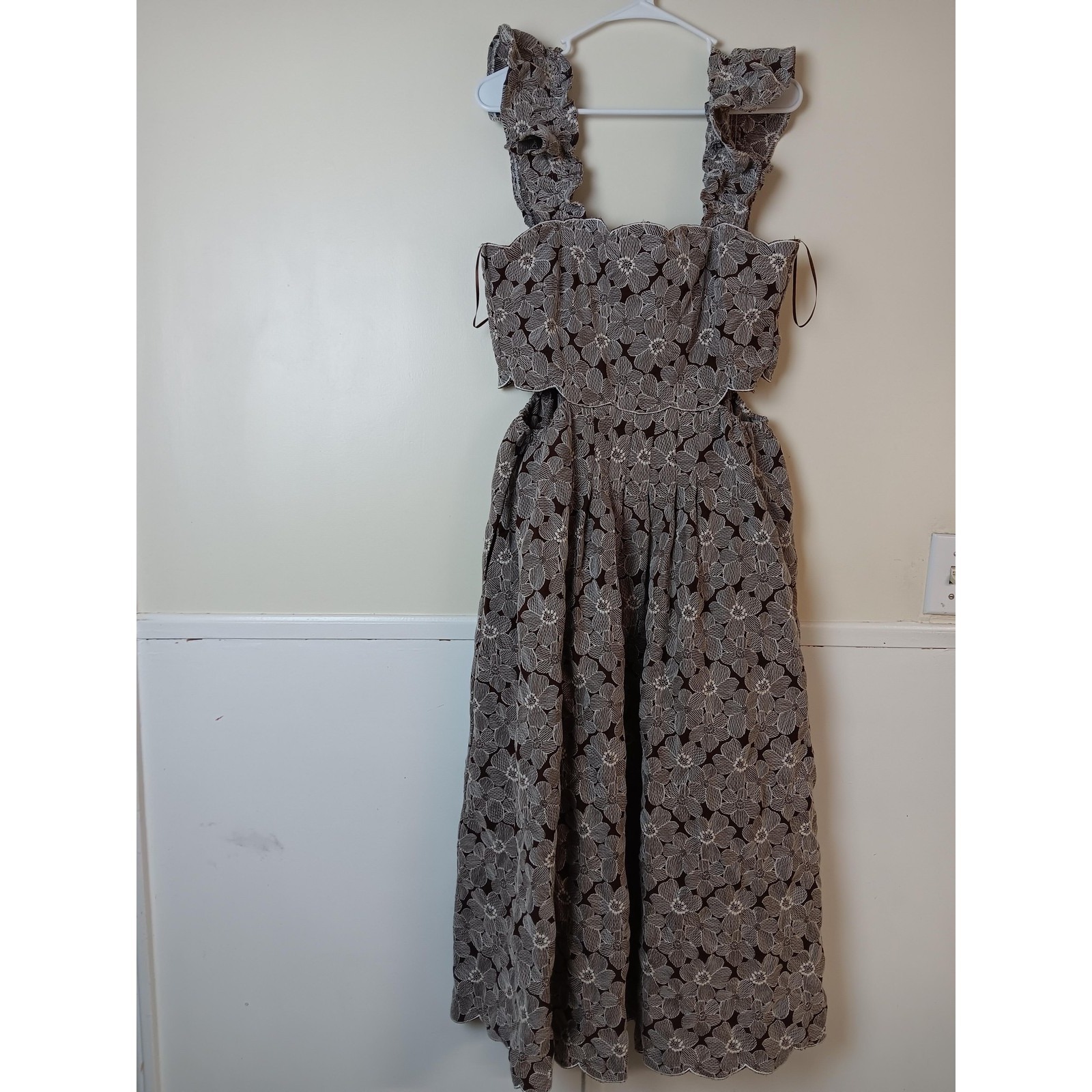 Sofie The Label Dress Womens L Brown Lace Maxi Sundress Ruffle Strap Square Neck